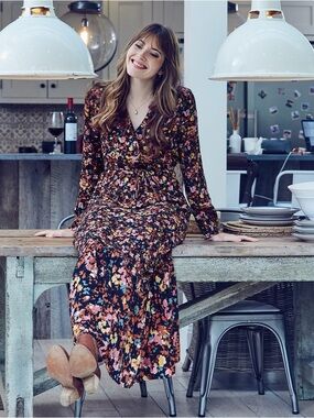 Fat Face Joyce Scatter Floral Maxi Dress Long Sleeve Tie Waist Boho Print Size 2